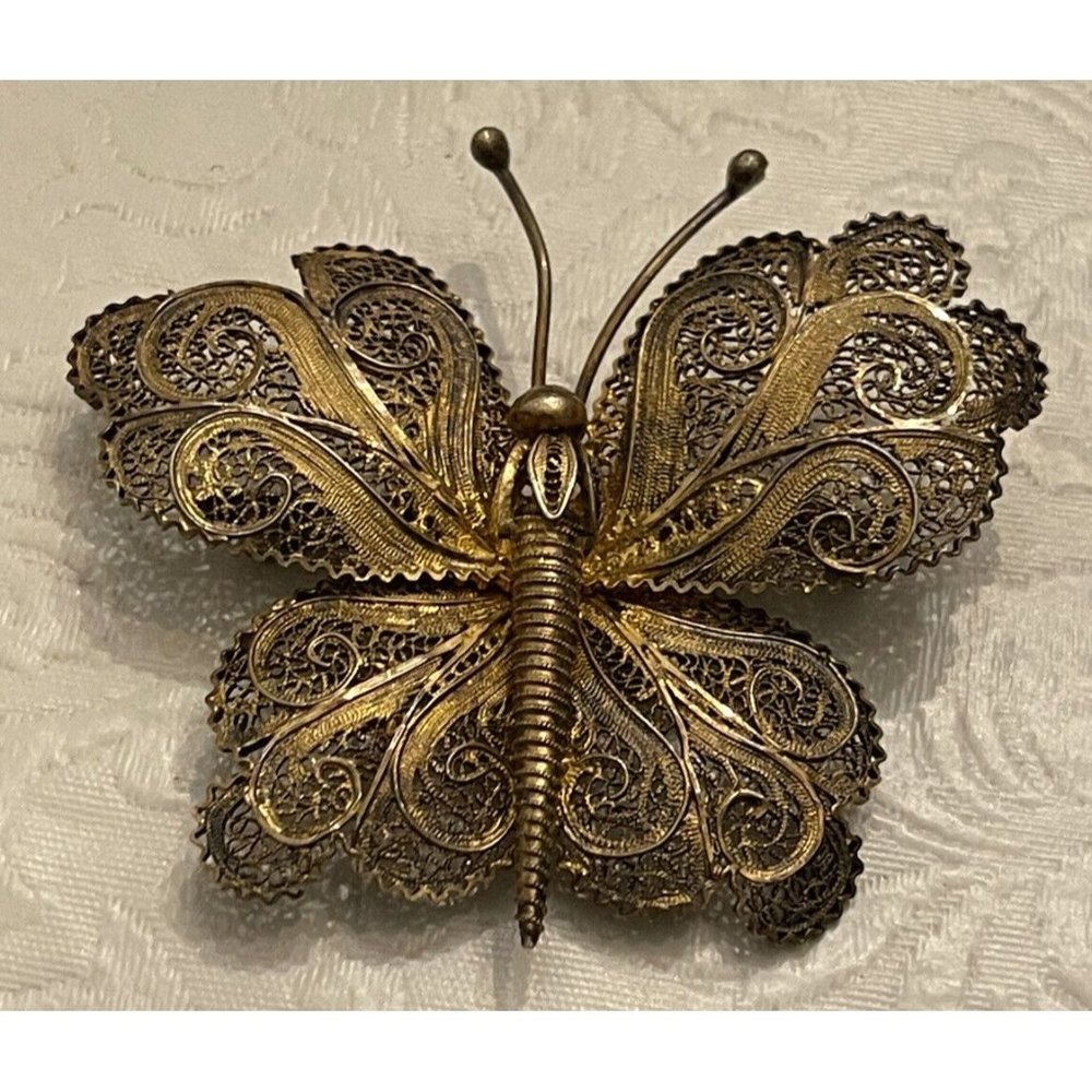 Gold Vermeil Sterling 925 Topazio Cannetille Moth Brooch Butterfly Filigree